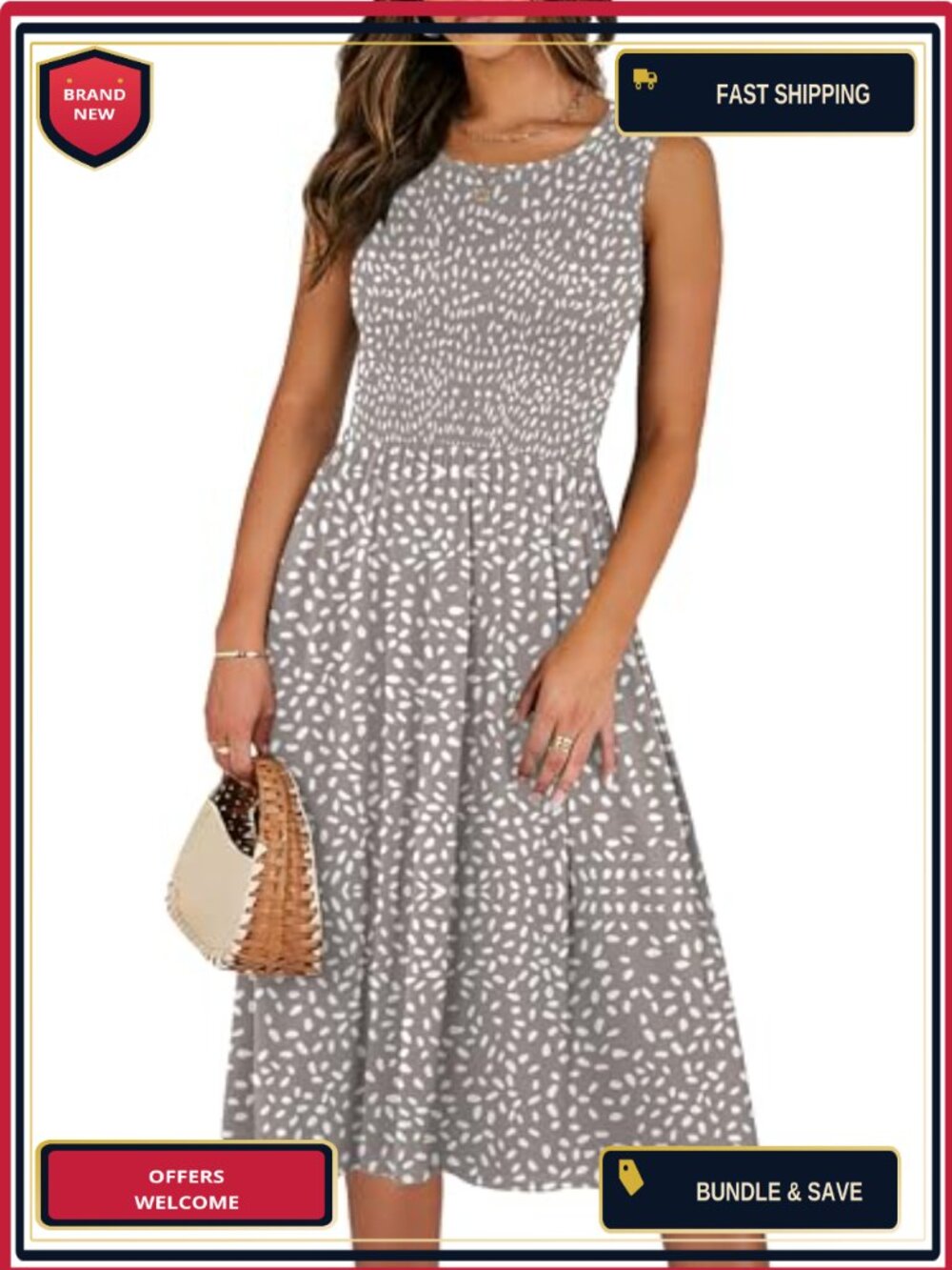 Smocked Midi Sundress Sleeveless A-Line Flowy Dress with Pockets Summer Beach